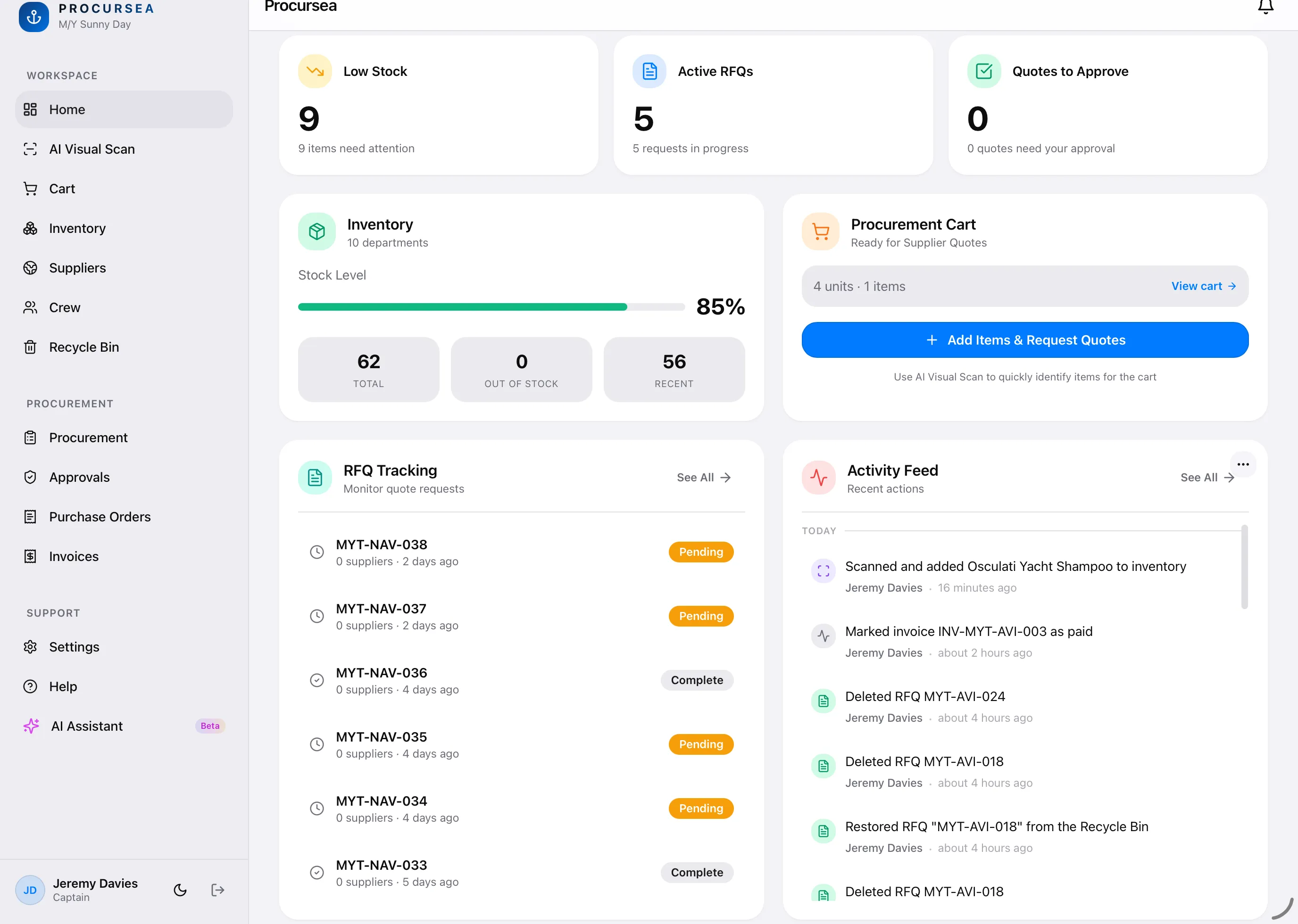 Procursea dashboard in a web browser — stat cards, procurement cart, RFQ tracking and an activity feed