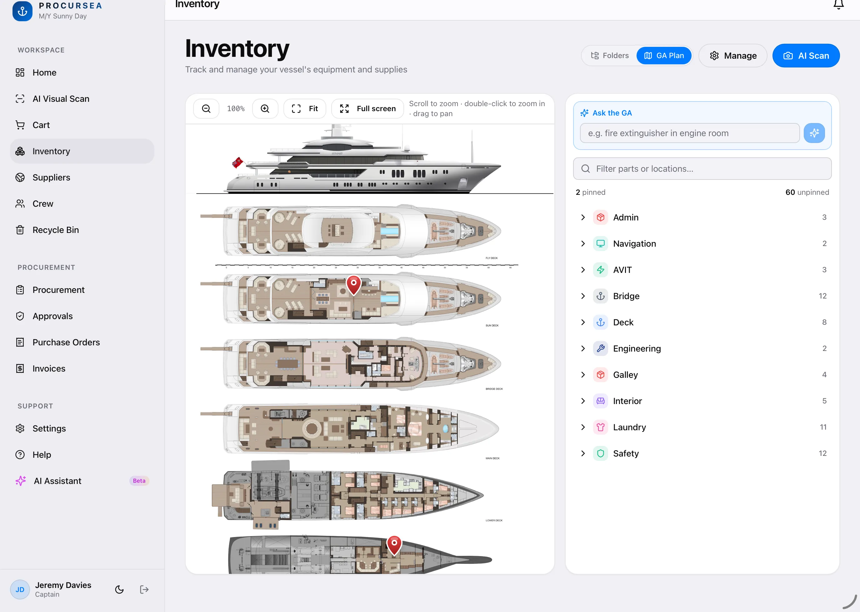 Procursea General Arrangement plan showing the vessel's decks in side profile with pinned equipment and a department inventory list