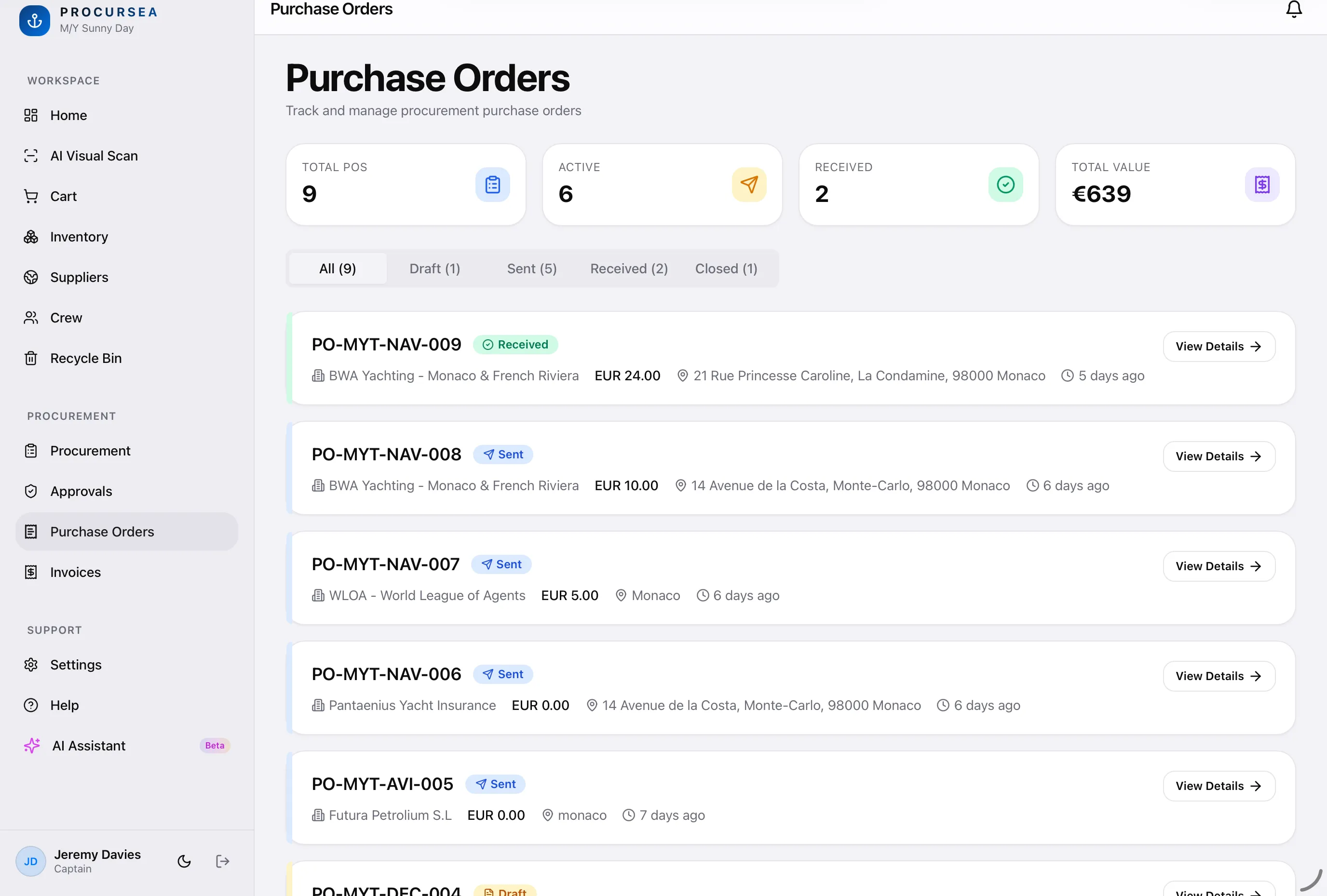Procursea purchase orders — a list of branded POs raised from winning supplier quotes, with statuses and totals