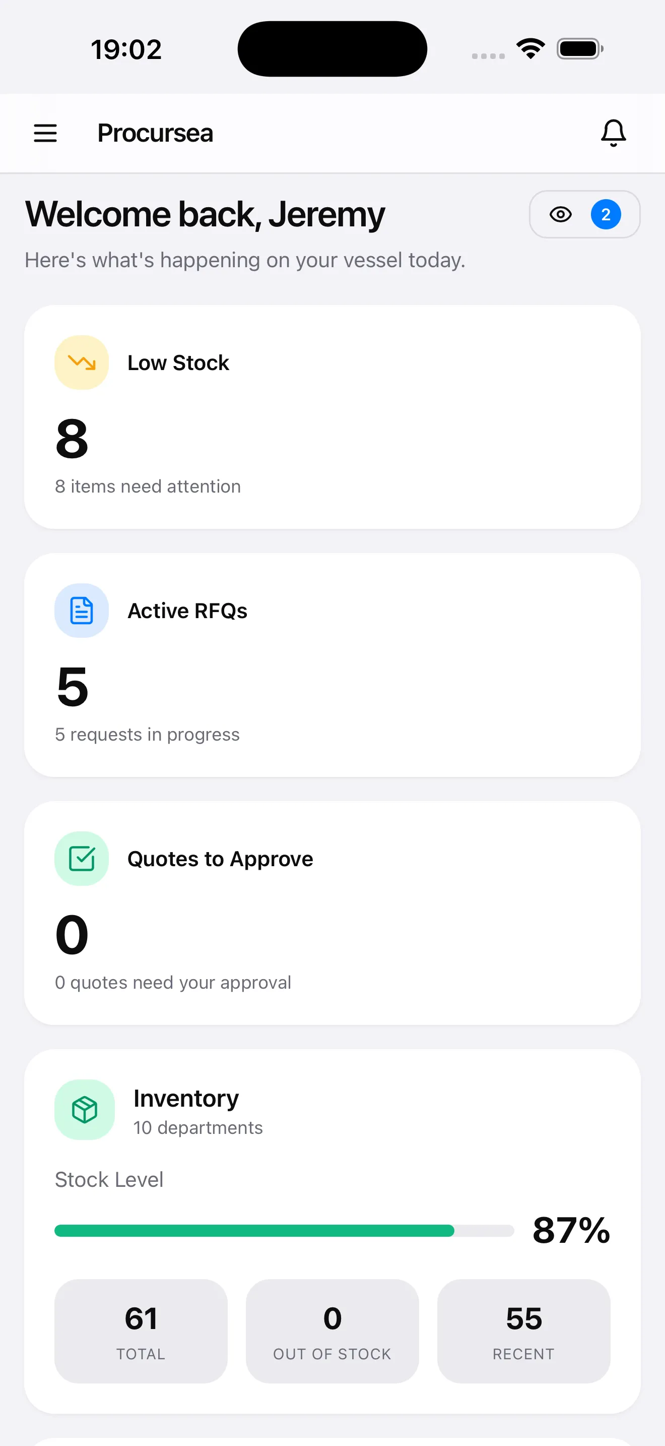 Procursea dashboard on iPhone