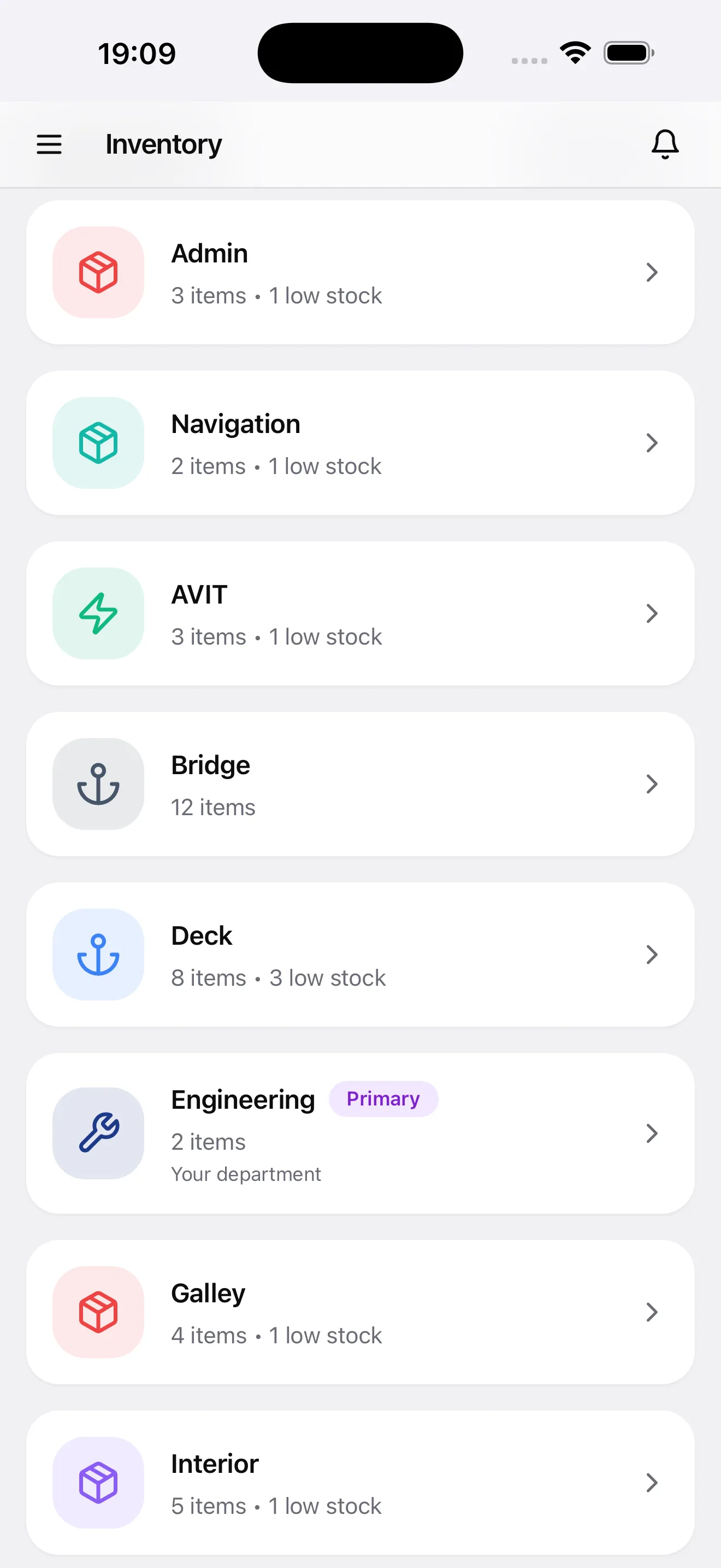 Procursea inventory organised by department — Admin, Navigation, AV/IT, Bridge, Deck, Engineering, Galley and Interior — each with item counts and low-stock flags