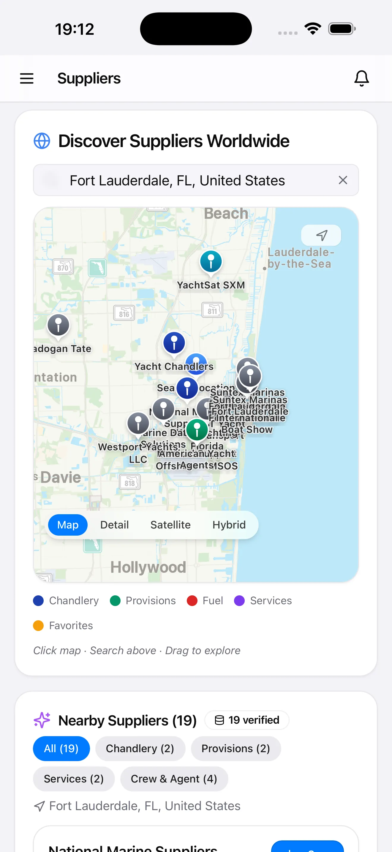 Procursea suppliers screen — Discover Suppliers Worldwide with a live map of marine suppliers and a nearby suppliers list